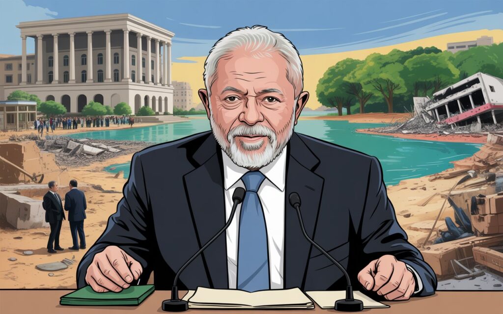 Brazil President Gaza Genocide UN Speech: Lula Da Silva’s Powerful UN Address 4 design a news style illustration showing iSORWVlMTfumGOG0VIw8WA 6HJERHvhRluNC6zMgQYWJg